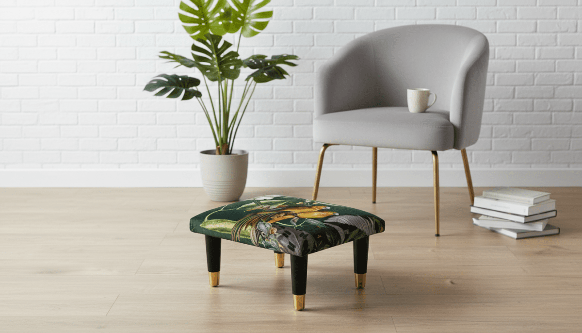 Small Green Floral Velvet Footrest Pouffe – Handmade UK Footstool - ISTOOLS