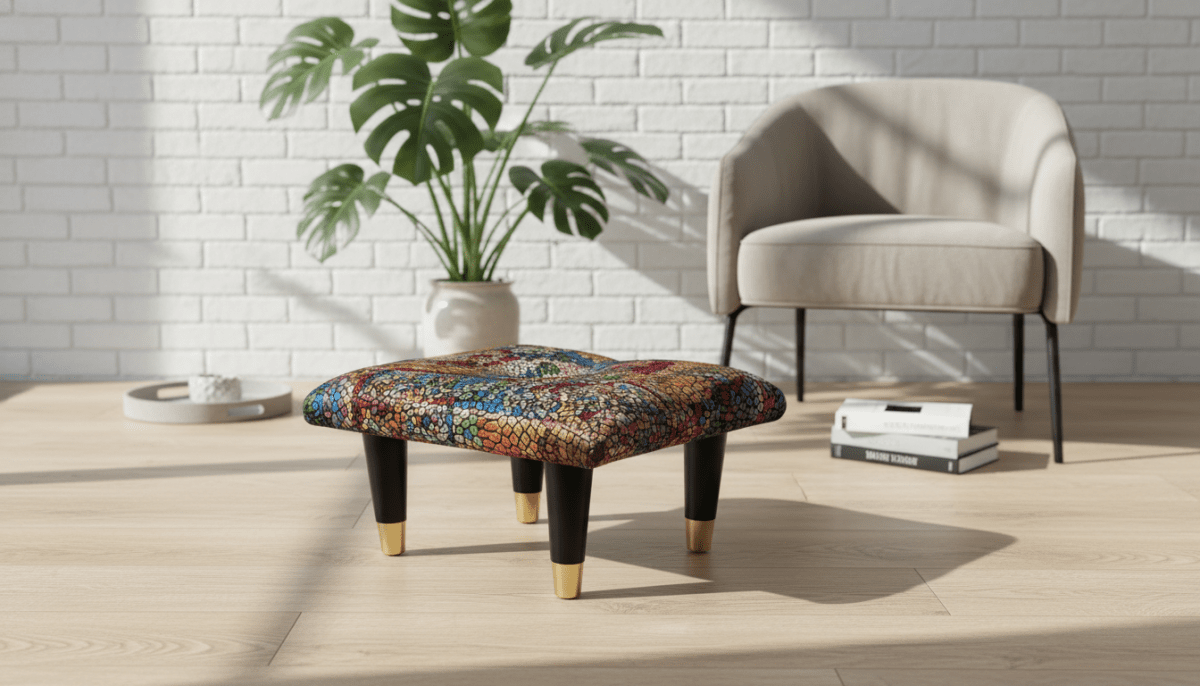 Small Velvet Stained Glass Footrest Pouffe – Handmade UK Living Room Ottoman - ISTOOLS