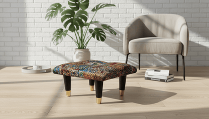 Small Velvet Stained Glass Footrest Pouffe – Handmade UK Living Room Ottoman - ISTOOLS