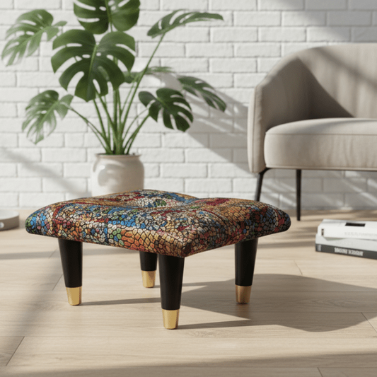 Small Velvet Stained Glass Footrest Pouffe – Handmade UK Living Room Ottoman - ISTOOLS