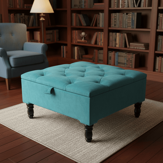 Aqua velvet square ottoman coffee table 30 x 30 inches UK living room furniture - ISTOOLS