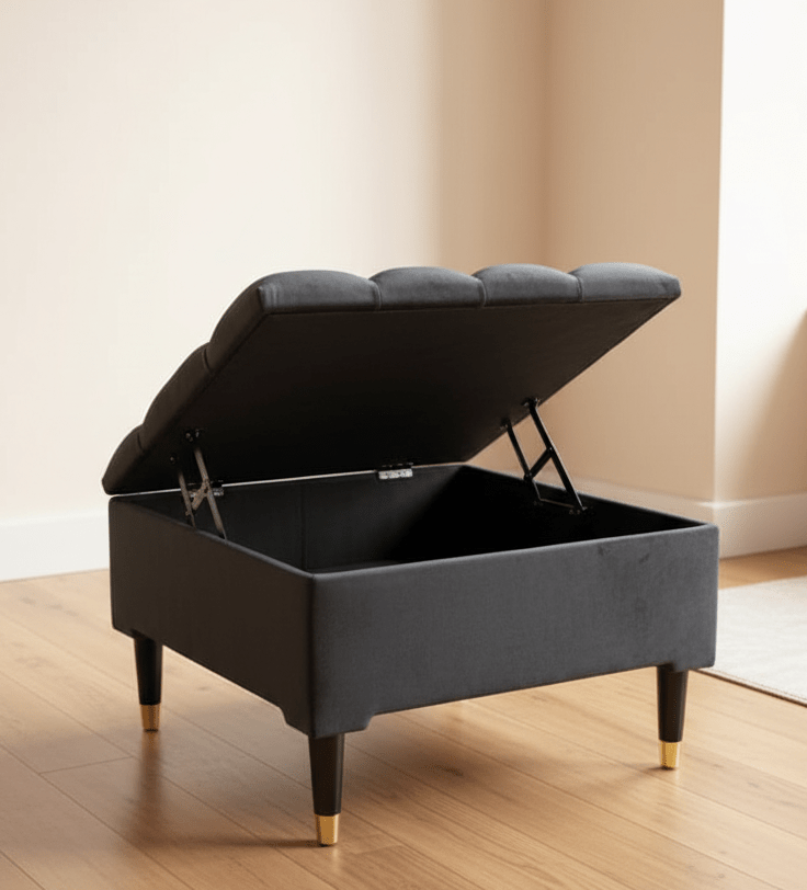 Square Coffee Table Ottoman Storage | Black Pouffe Footstool - ISTOOLS