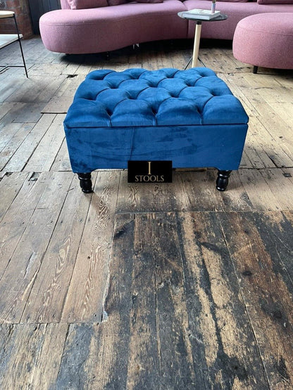 Square Coffee Table Ottoman Storage | Large Blue Velvet Footstool - ISTOOLS