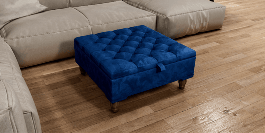Square Coffee Table Ottoman Storage | Large Blue Velvet Footstool - ISTOOLS