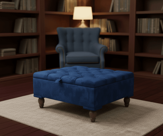 Large Blue Velvet Ottoman Storage Coffee Table – Square Footstool Bench-ISTOOLS