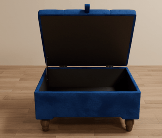 Square Coffee Table Ottoman Storage | Large Blue Velvet Footstool - ISTOOLS