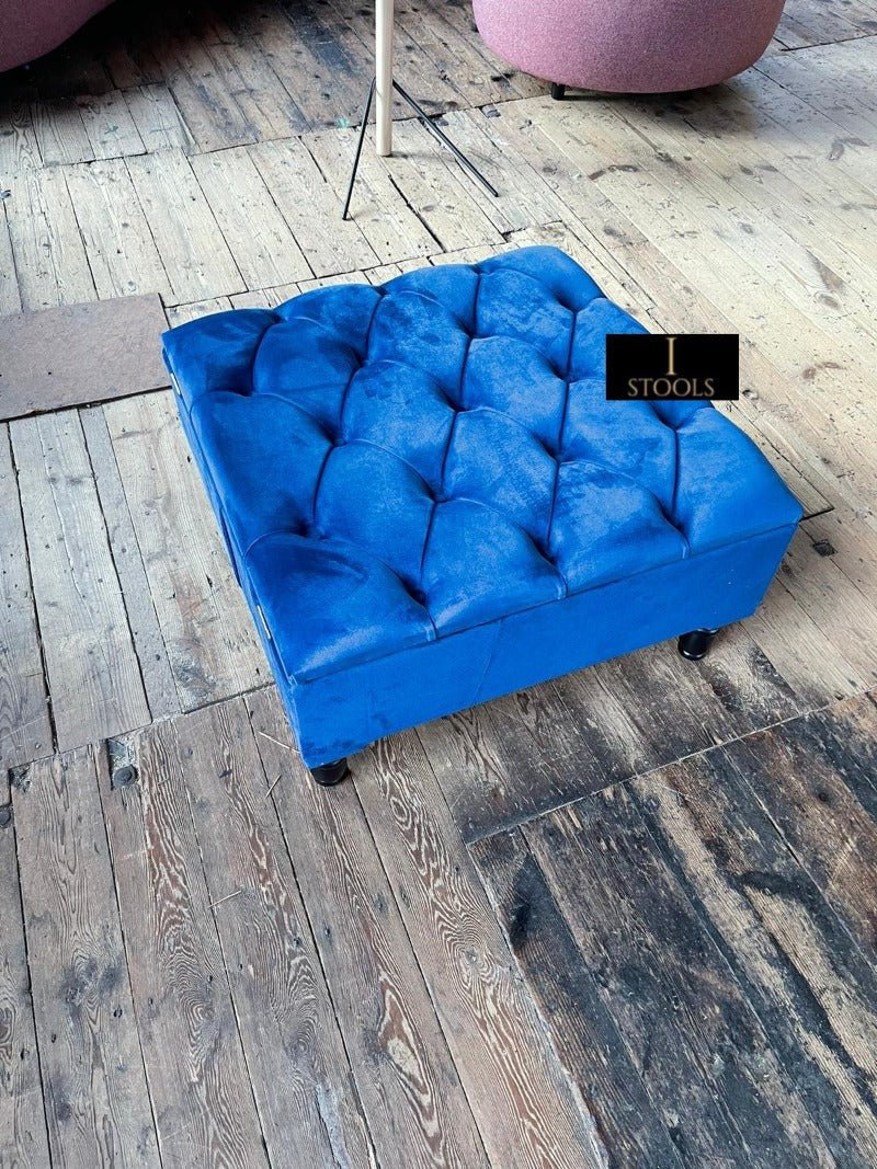 Square Coffee Table Ottoman Storage | Large Blue Velvet Footstool - ISTOOLS