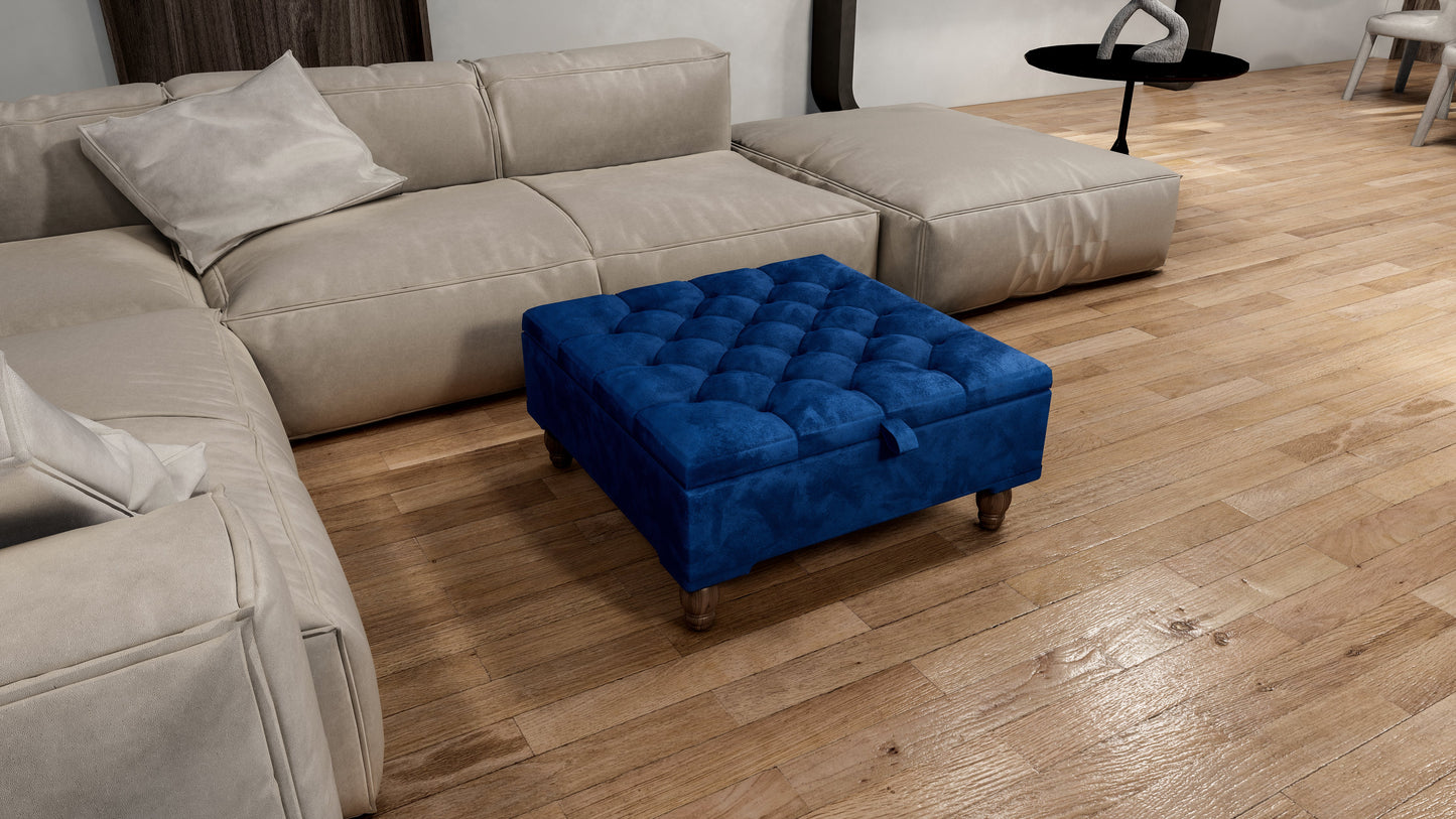 Square Coffee Table Ottoman Storage | Large Blue Velvet Footstool - ISTOOLS
