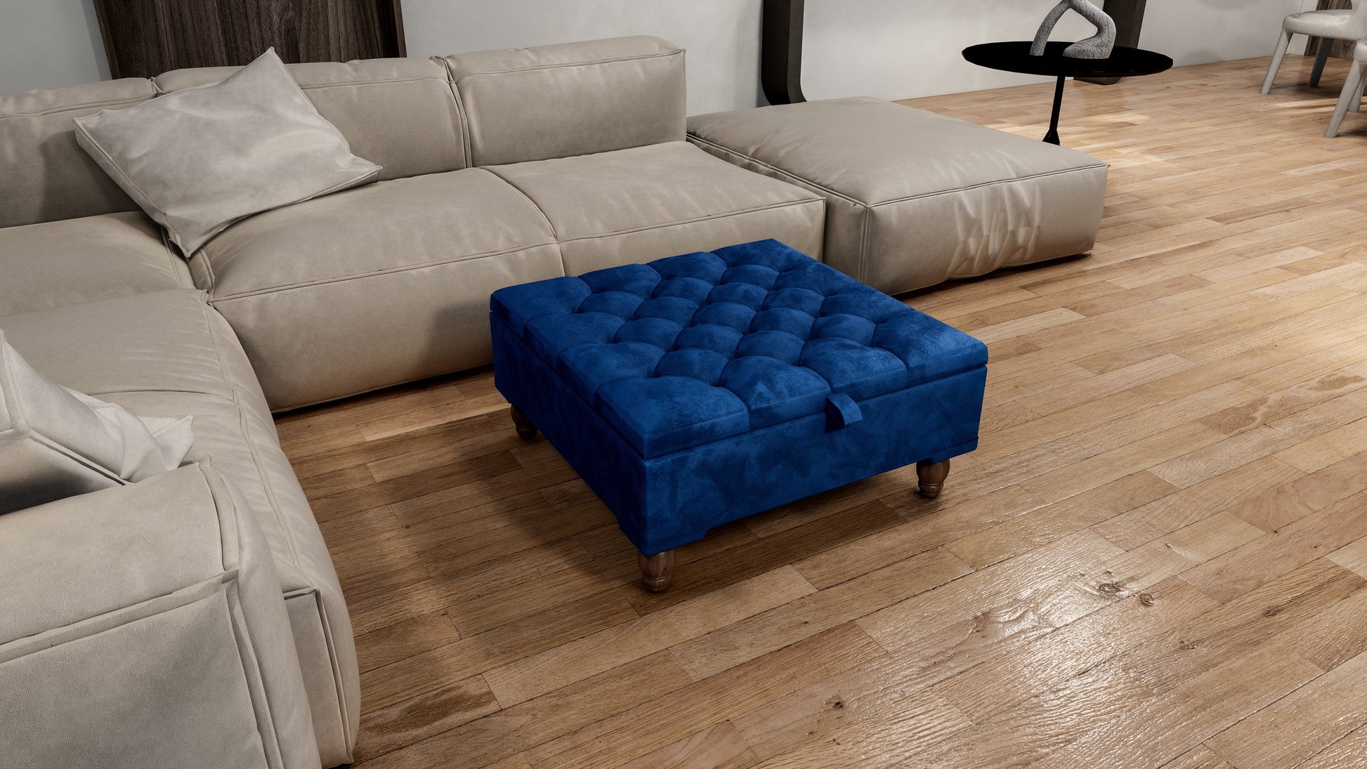Square Coffee Table Ottoman Storage | Large Blue Velvet Footstool - ISTOOLS