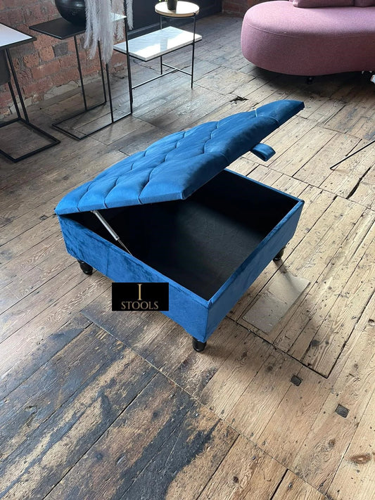 Square Coffee Table Ottoman Storage | Large Blue Velvet Footstool - ISTOOLS
