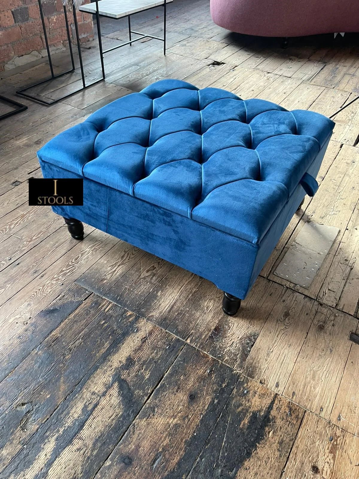 Square Coffee Table Ottoman Storage | Large Blue Velvet Footstool - ISTOOLS