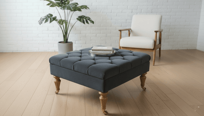 Square Dark Grey Ottoman with Storage – Velvet Button Tufted Pouffe for Living Room & Bedroom” - ISTOOLS