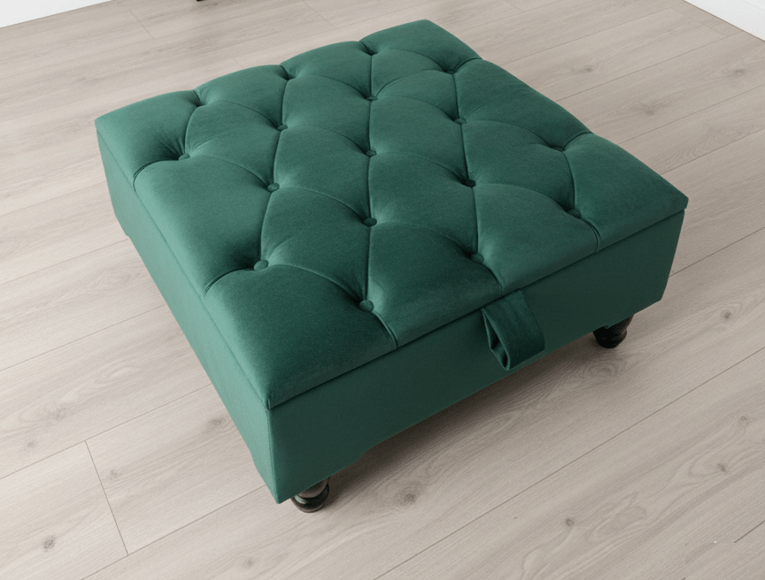 Green velvet storage ottoman used as footstool and extra seating - ISTOOLS