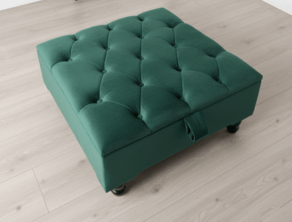 Green velvet storage ottoman used as footstool and extra seating - ISTOOLS