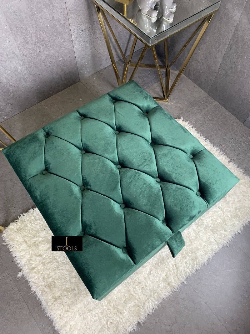 Square Green Chesterfield Square Ottoman Storage | Green Velvet Ottoman Foot Stool UK - ISTOOLS