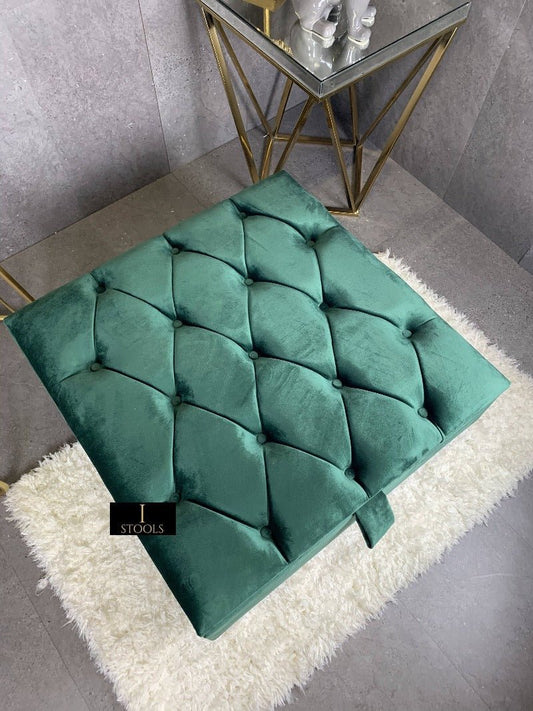 Square Green Chesterfield Square Ottoman Storage | Green Velvet Ottoman Foot Stool UK - ISTOOLS