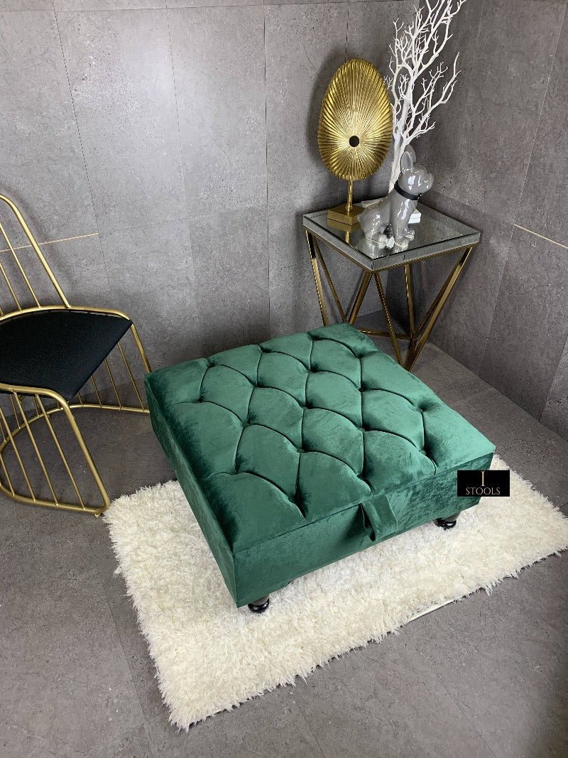 Square Green Chesterfield Square Ottoman Storage | Green Velvet Ottoman Foot Stool UK - ISTOOLS