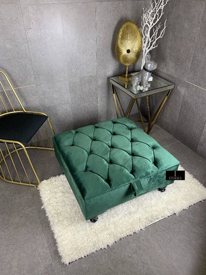 Square Green Chesterfield Square Ottoman Storage | Green Velvet Ottoman Foot Stool UK - ISTOOLS