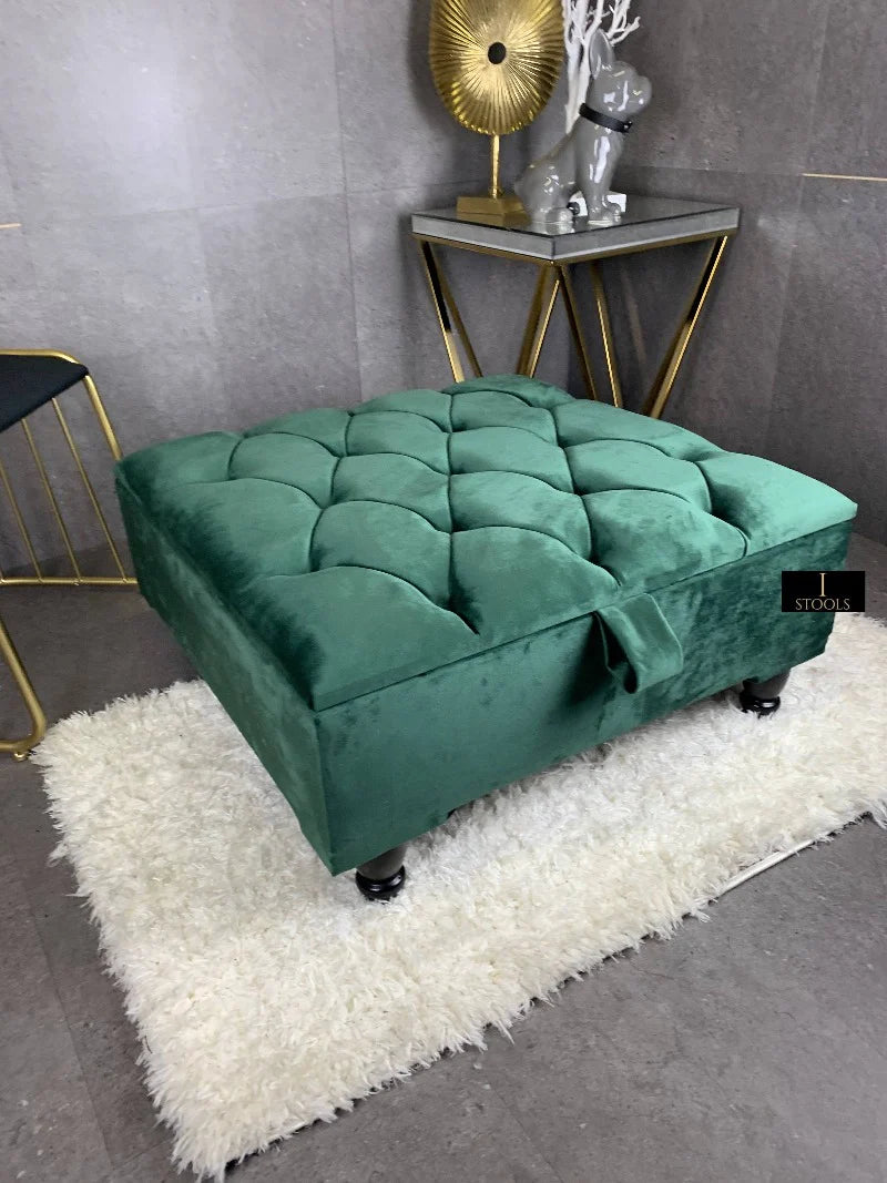 Square Green Chesterfield Square Ottoman Storage | Green Velvet Ottoman Foot Stool UK - ISTOOLS