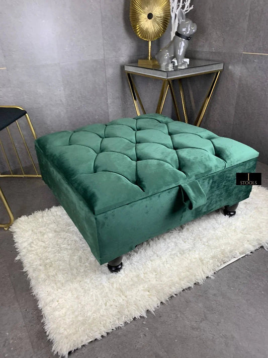 Square Green Chesterfield Square Ottoman Storage | Green Velvet Ottoman Foot Stool UK - ISTOOLS