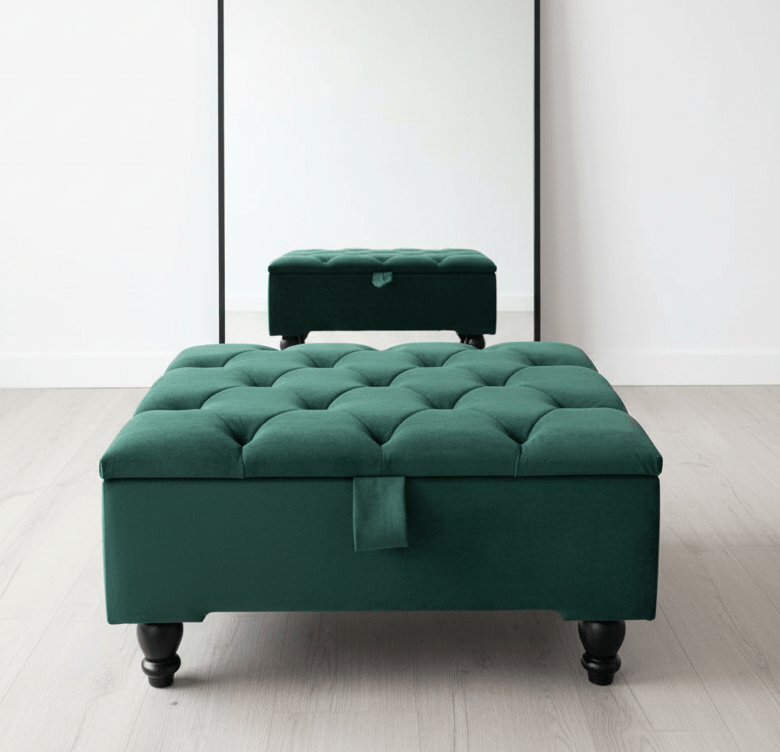 Square Green Chesterfield Square Ottoman Storage | Green Velvet Ottoman Foot Stool UK - ISTOOLS