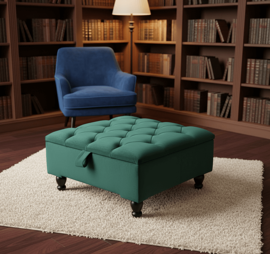 Green Chesterfield storage ottoman in green velvet for UK living room - ISTOOLS