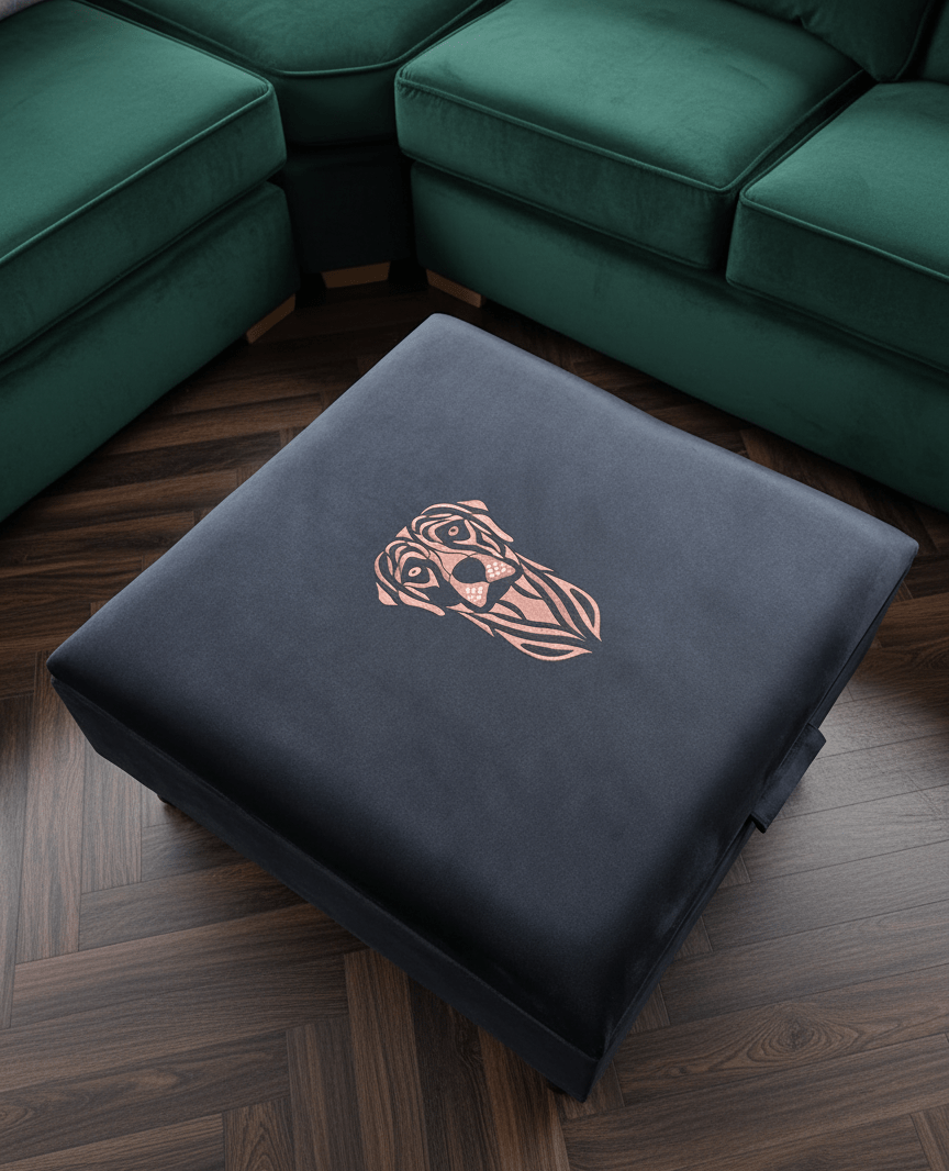 Square Labrador premium embroidered black velvet soft luxurious storage coffee table - ISTOOLS