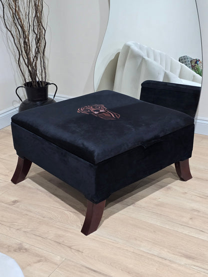 Square Labrador premium embroidered black velvet soft luxurious storage coffee table - ISTOOLS