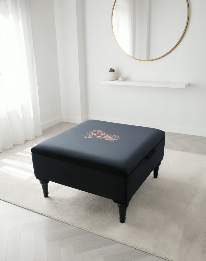 Square Labrador premium embroidered black velvet soft luxurious storage coffee table - ISTOOLS
