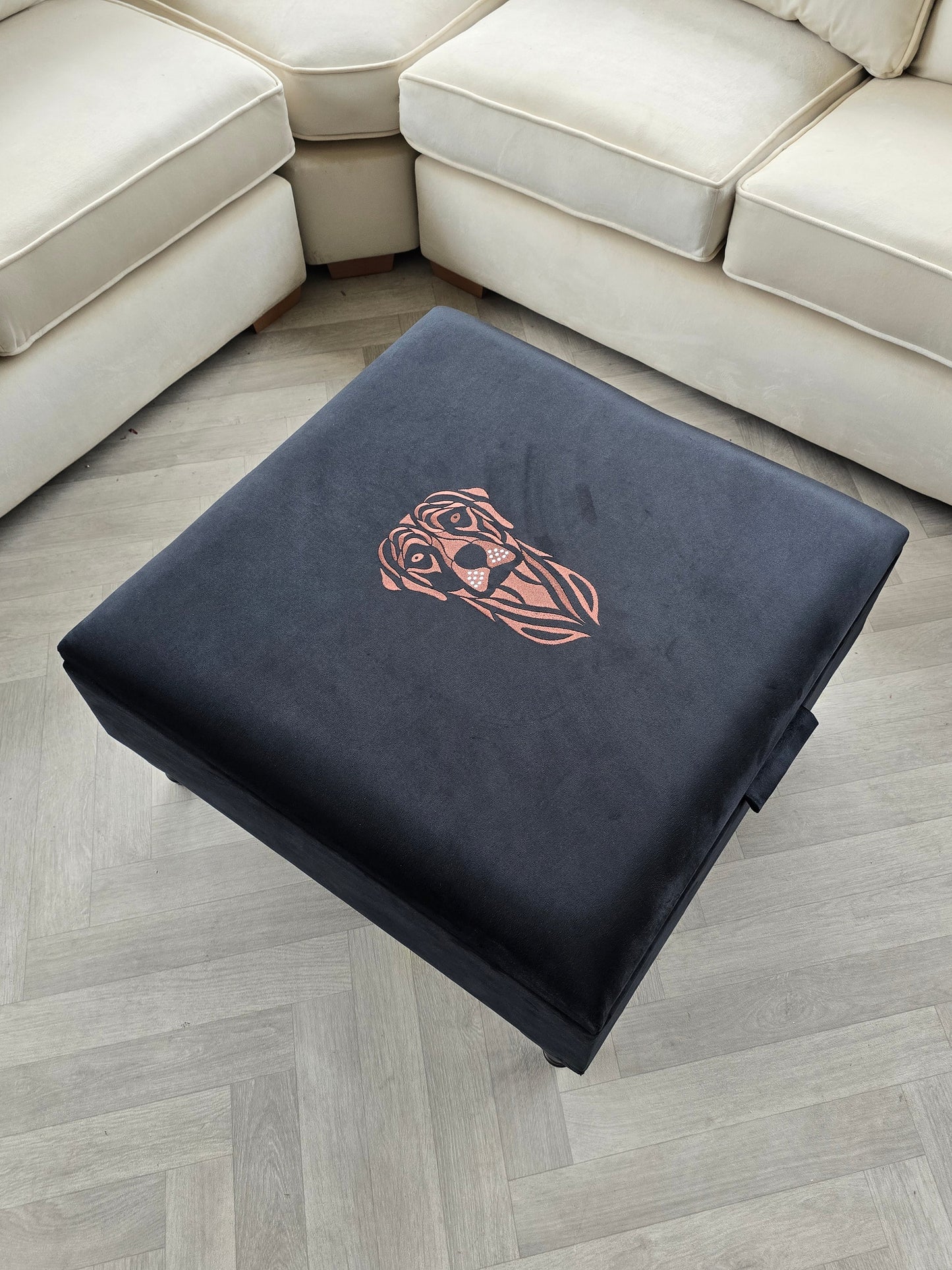 Square Labrador premium embroidered black velvet soft luxurious storage coffee table - ISTOOLS