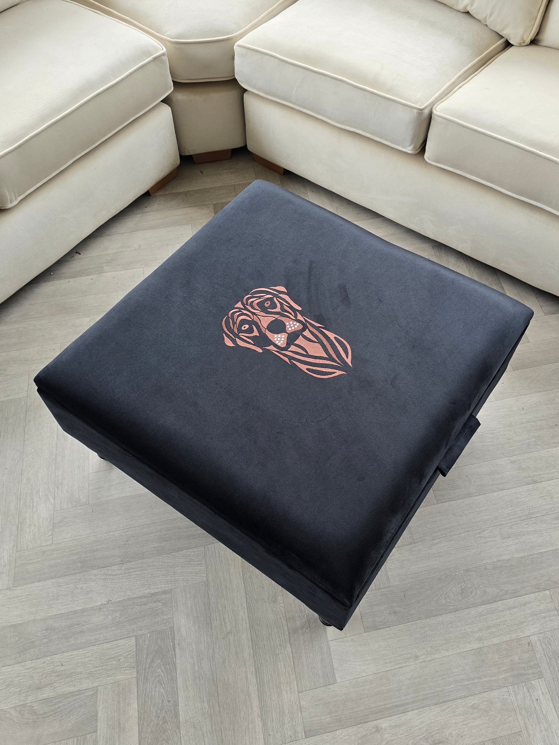 Square Labrador premium embroidered black velvet soft luxurious storage coffee table - ISTOOLS