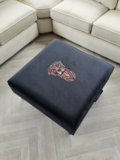 Square Labrador premium embroidered black velvet soft luxurious storage coffee table - ISTOOLS