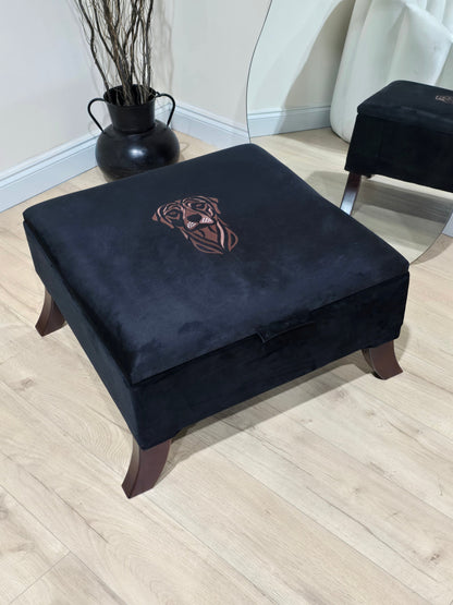 Square Labrador premium embroidered black velvet soft luxurious storage coffee table - ISTOOLS