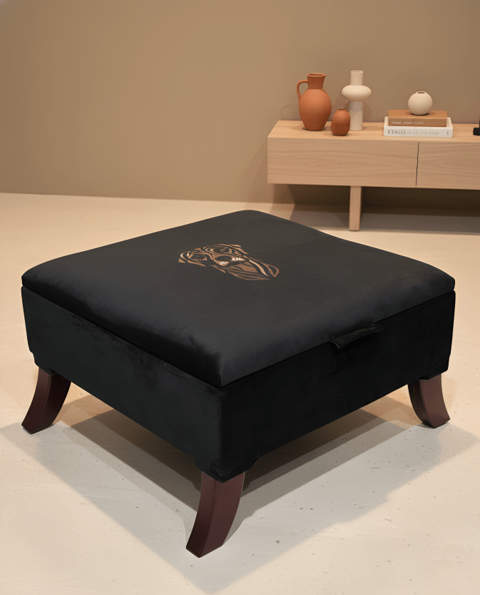 Square Labrador premium embroidered black velvet soft luxurious storage coffee table - ISTOOLS