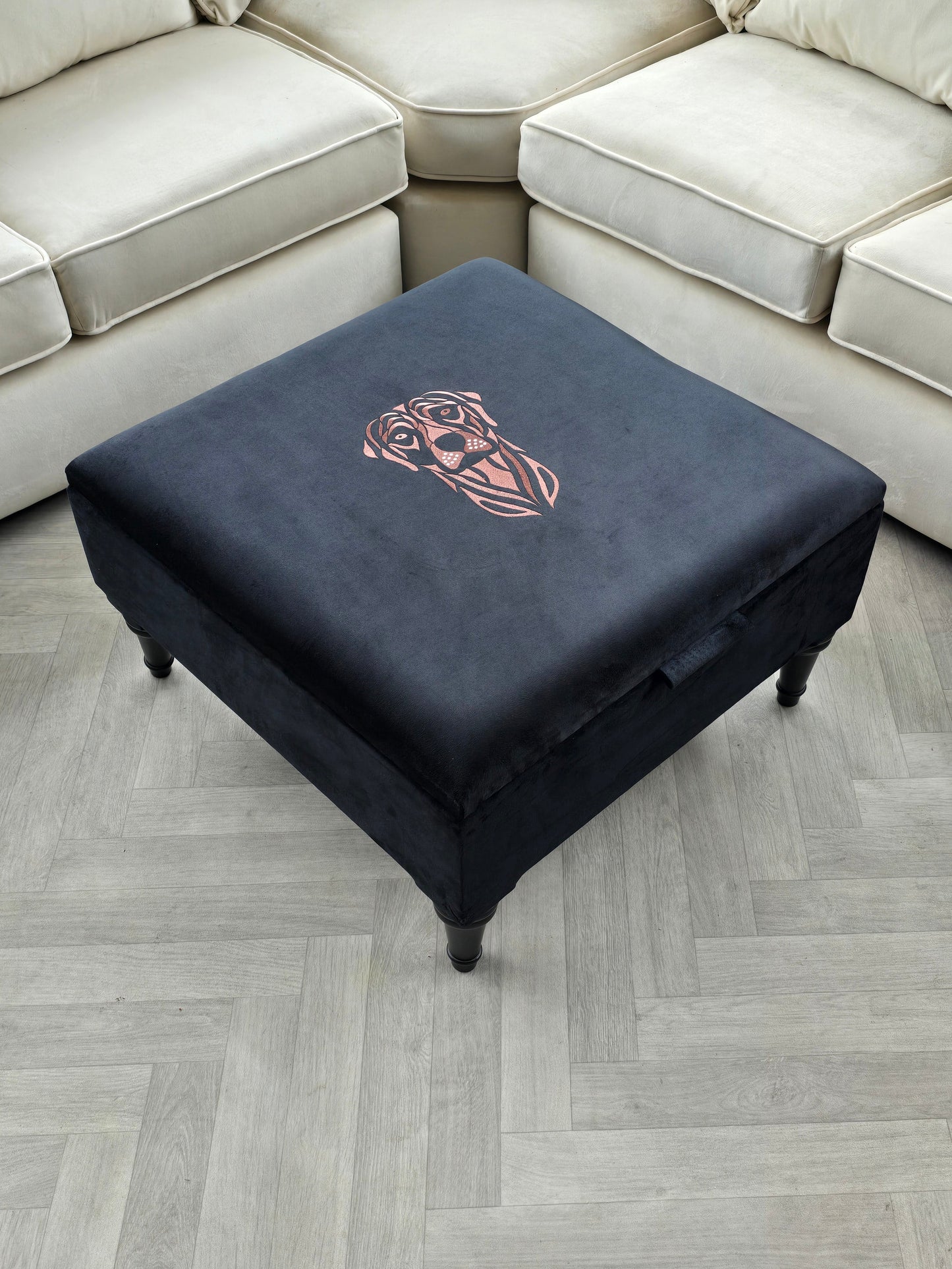 Square Labrador premium embroidered black velvet soft luxurious storage coffee table - ISTOOLS
