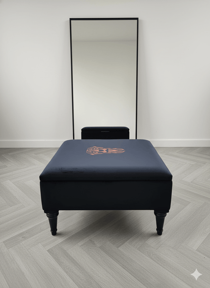 Square Labrador premium embroidered black velvet soft luxurious storage coffee table - ISTOOLS