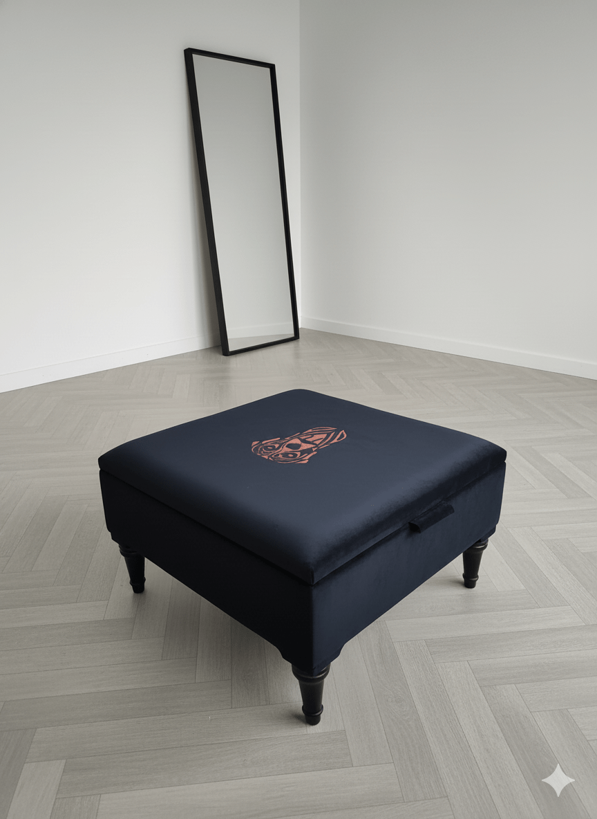 Square Labrador premium embroidered black velvet soft luxurious storage coffee table - ISTOOLS
