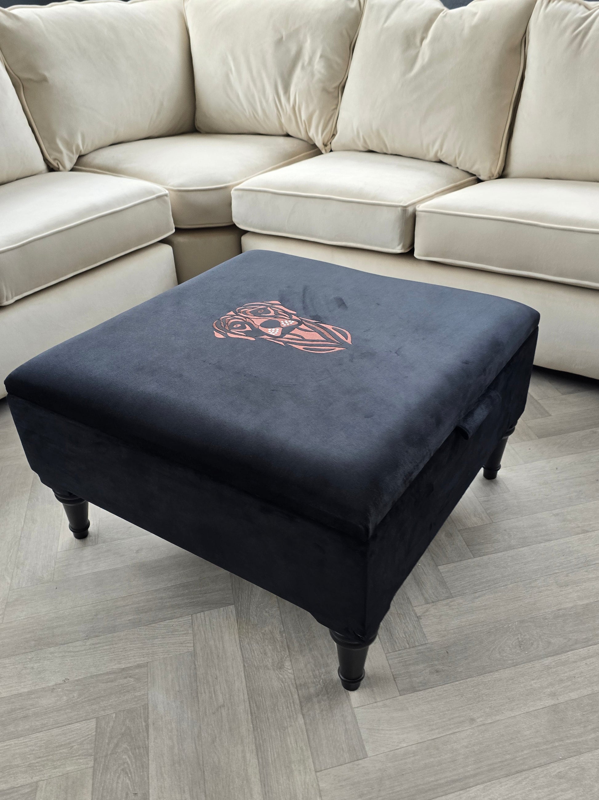 Square Labrador premium embroidered black velvet soft luxurious storage coffee table - ISTOOLS