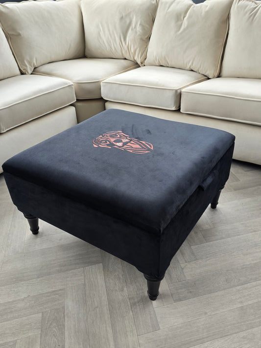 Square Labrador premium embroidered black velvet soft luxurious storage coffee table - ISTOOLS