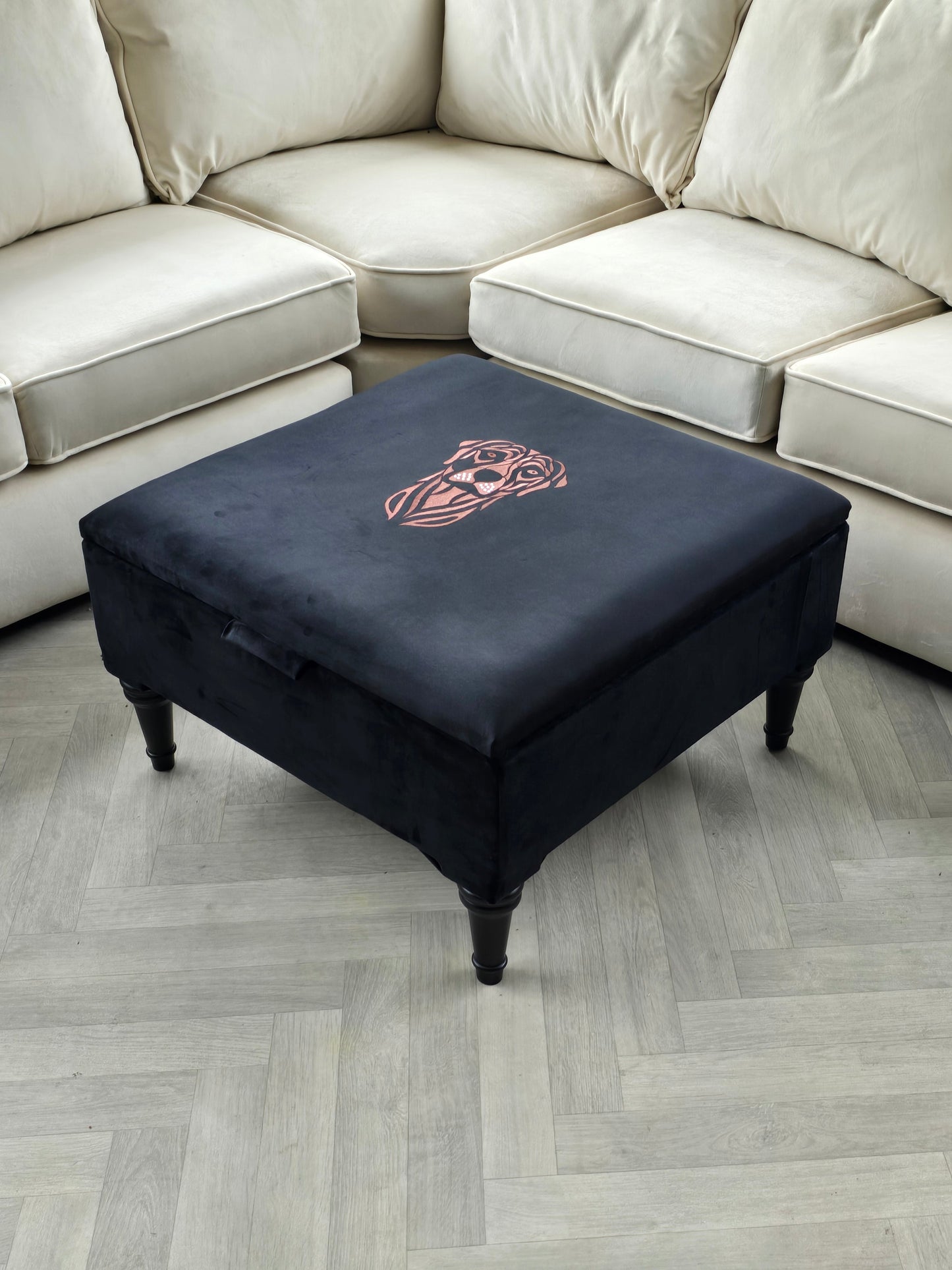 Square Labrador premium embroidered black velvet soft luxurious storage coffee table - ISTOOLS