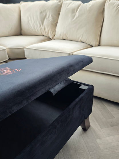 Square Labrador premium embroidered black velvet soft luxurious storage coffee table - ISTOOLS
