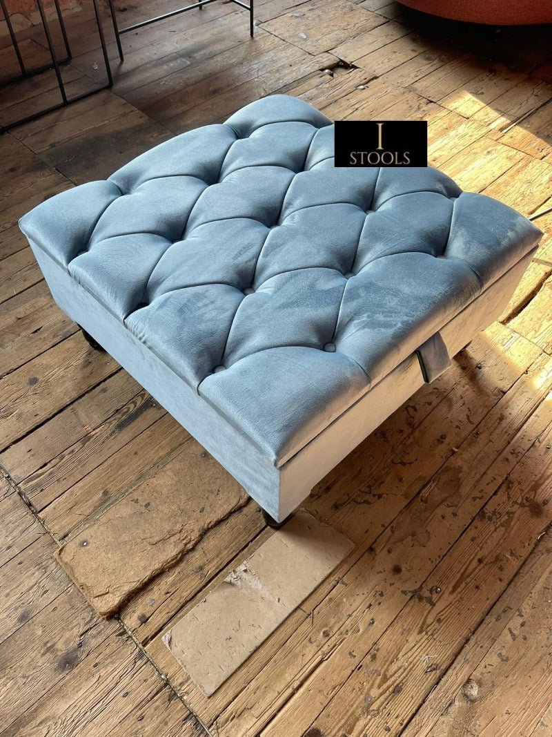 Square Ottoman Storage | Blue Velvet Chesterfield Footstool Or Coffee Table - ISTOOLS