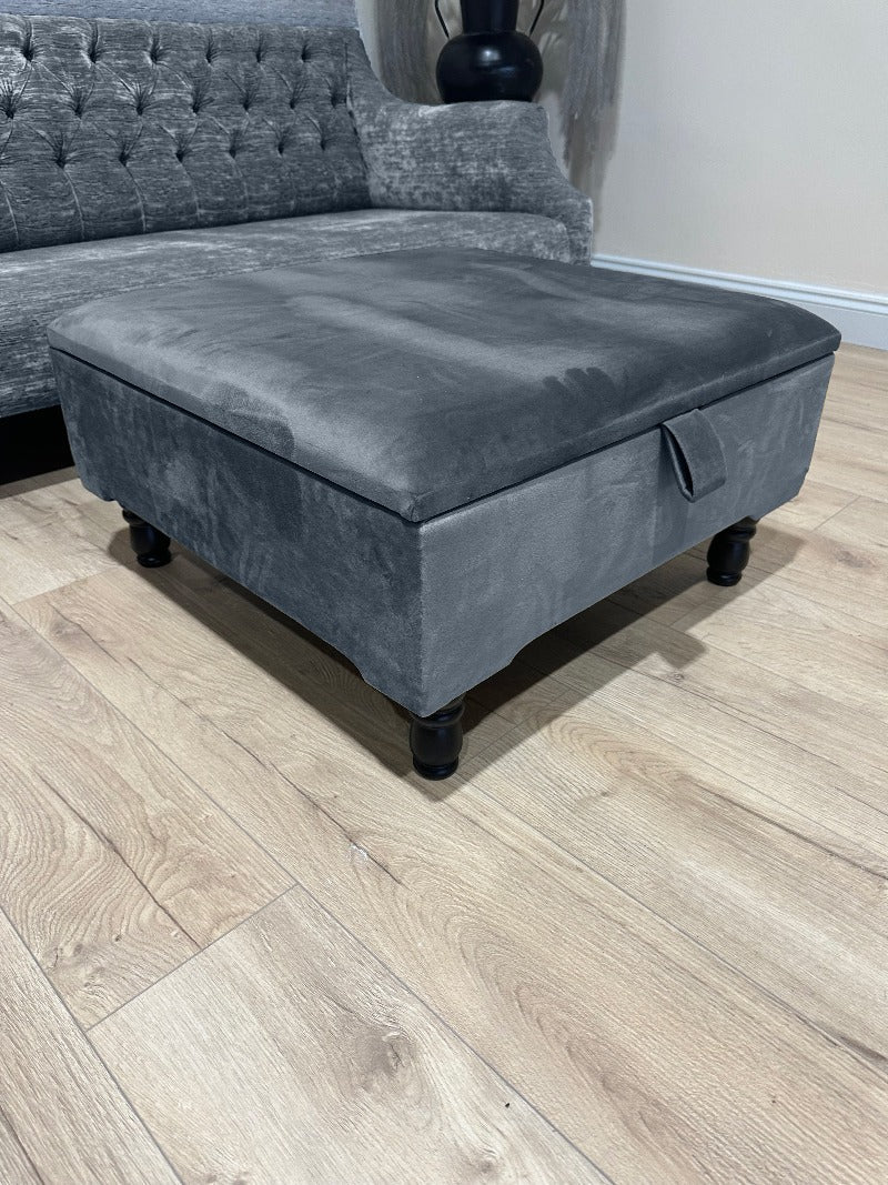 Square Plain Lid Coffee Table Ottoman Storage | Large Velvet Footrest - ISTOOLS