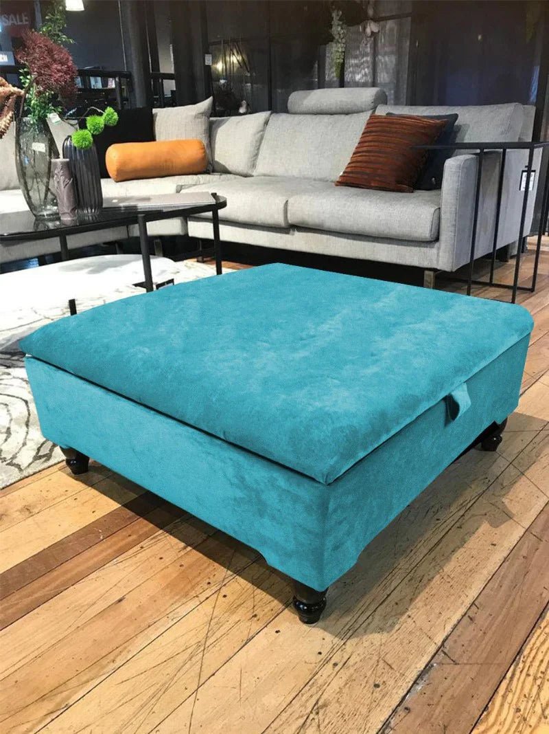 Square Plain Lid Coffee Table Ottoman Storage | Large Velvet Footrest - ISTOOLS