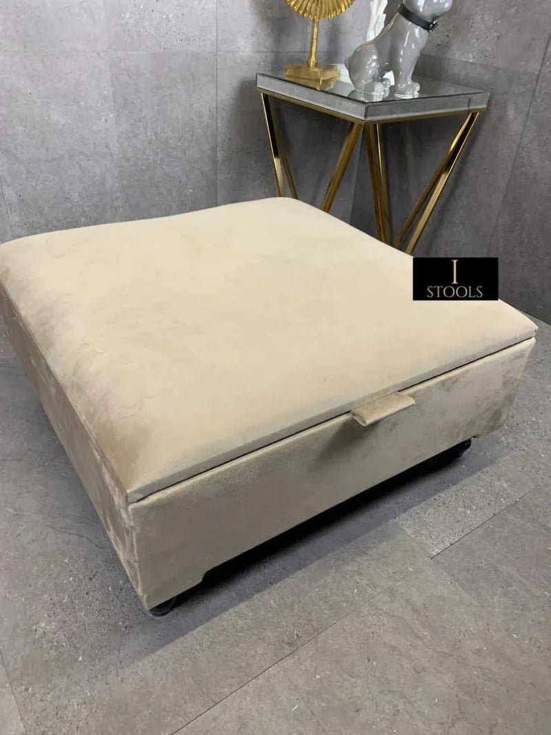 Square Plain Lid Coffee Table Ottoman Storage | Large Velvet Footrest - ISTOOLS