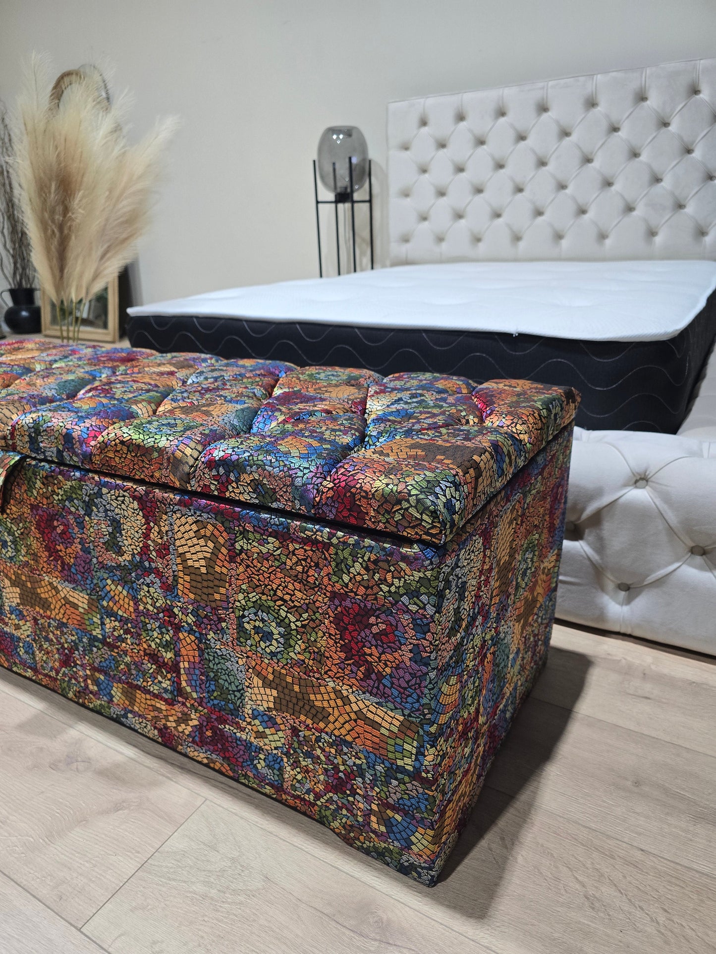 Stained glass embossed multi colour end of bed storage Ottoman, bay window seat - ISTOOLS