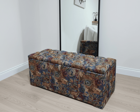 Bay window seat storage ottoman with vibrant multi-colour fabric - ISTOOLS