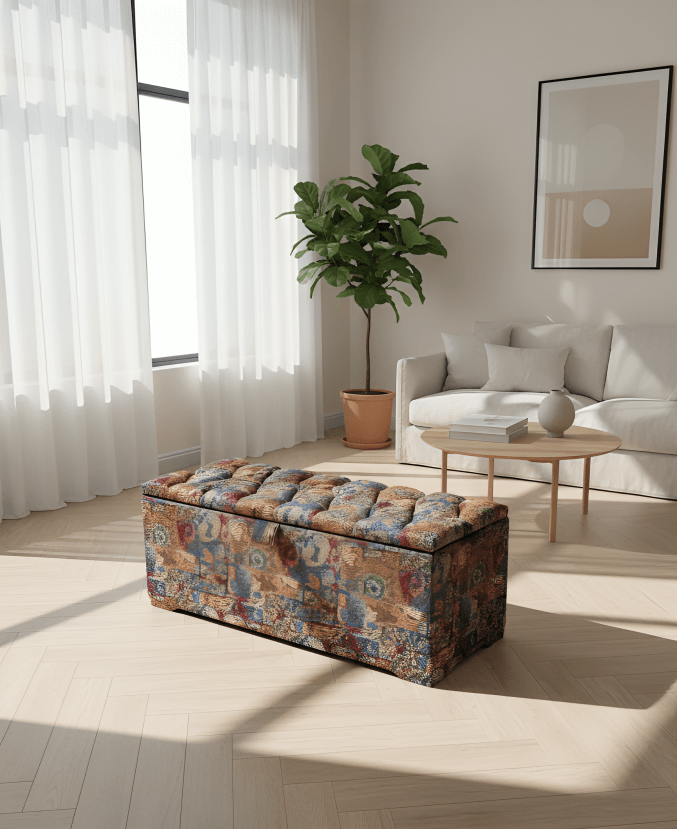 Stained glass embossed multi colour end of bed storage Ottoman, bay window seat - ISTOOLS