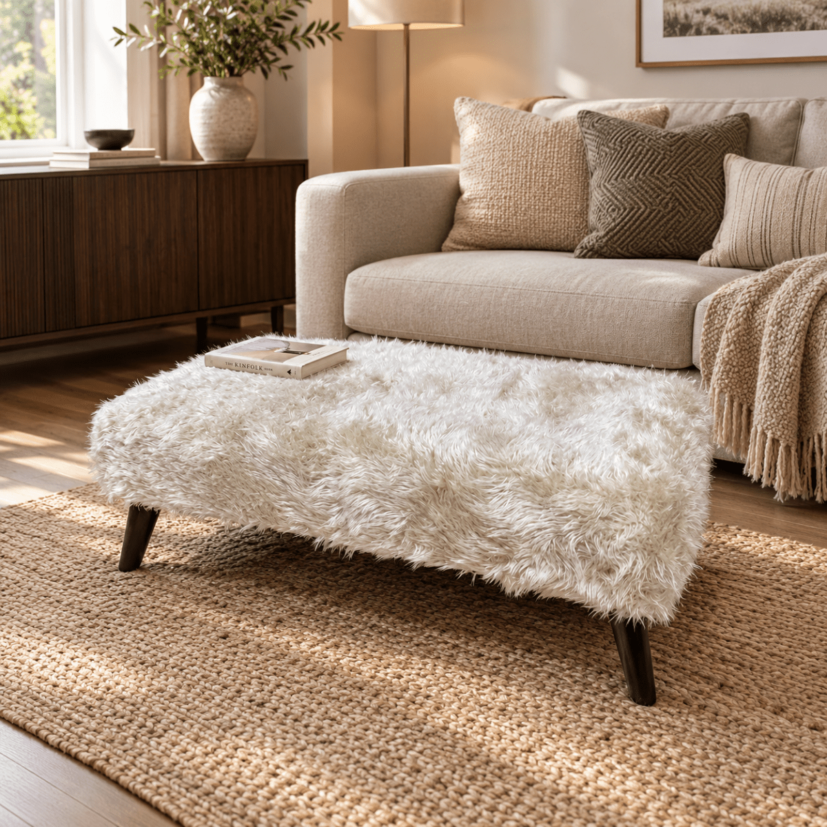 Tobi Fluffy Fabric Footstool Pouffe – Luxury Ottoman Footrest & Coffee Table - ISTOOLS