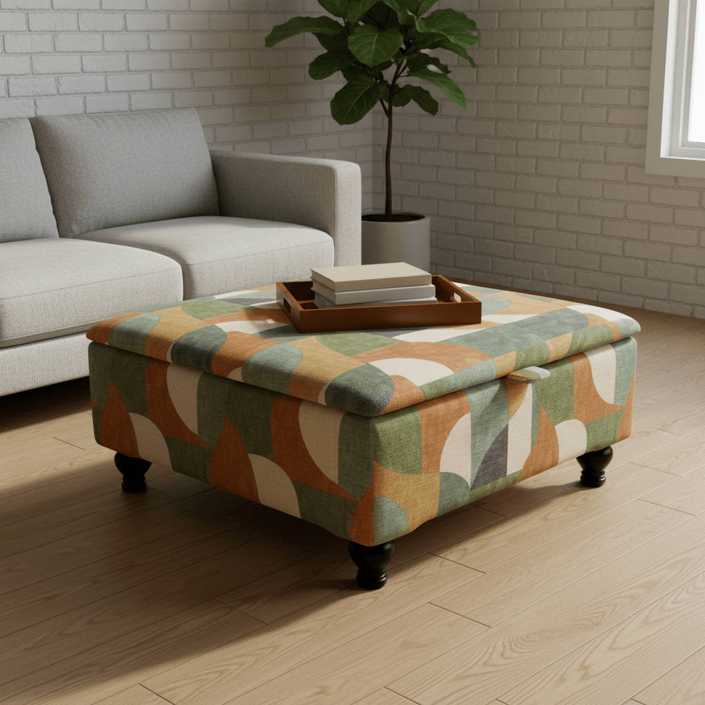 Wide Hidden Storage Pouffe – Multi - Toned Designer Storage Ottoman for Living Room Centrepiece - ISTOOLS